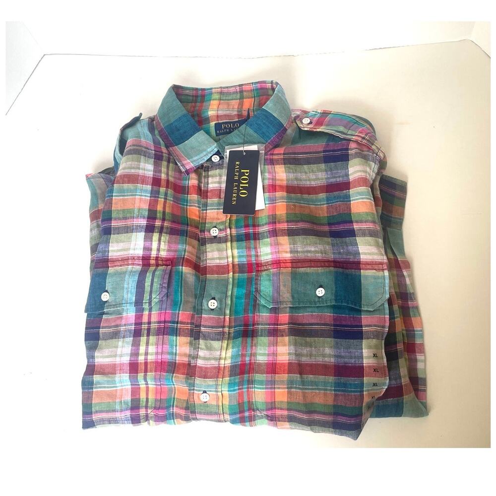 Polo Ralph Lauren Womens Blue Plaid Linen Button-Up Shirt Long Sleeve XL - Picture 8 of 10